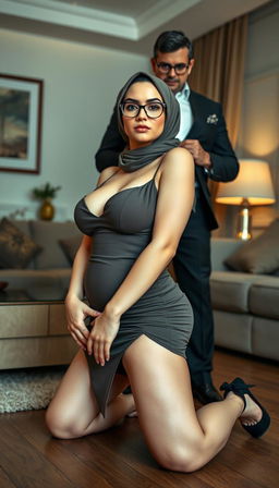 A confident 40-year-old Arab woman with large breasts and a curvy figure, portrayed on her knees, exuding a serious expression