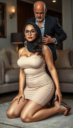 A confident 40-year-old Arab woman with large breasts and a curvy figure, portrayed on her knees, exuding a serious expression