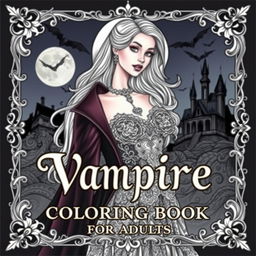 A captivating vampire-themed coloring book cover for adults, featuring a stylish, elegant vampire woman with long flowing hair, dressed in intricate gothic attire with lace and velvet details