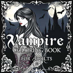 A captivating vampire-themed coloring book cover for adults, featuring a stylish, elegant vampire woman with long flowing hair, dressed in intricate gothic attire with lace and velvet details