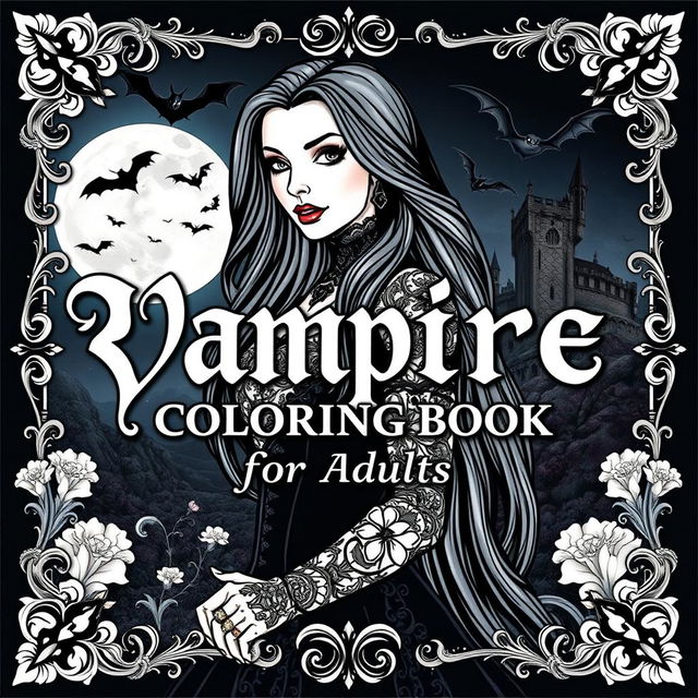 A captivating vampire-themed coloring book cover for adults, featuring a stylish, elegant vampire woman with long flowing hair, dressed in intricate gothic attire with lace and velvet details