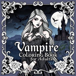 A captivating vampire-themed coloring book cover for adults, featuring a stylish, elegant vampire woman with long flowing hair, dressed in intricate gothic attire with lace and velvet details