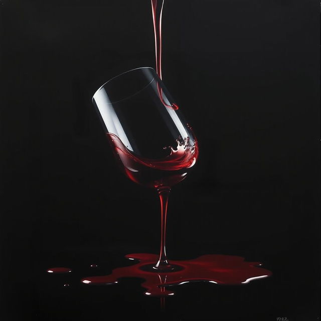 A dramatic cinema poster featuring a tipped-over glass of red wine with the liquid spilling out, creating vivid splashes and stains that resemble blood