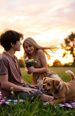 A romantic scene depicting young love between two teenagers in a vibrant park during sunset