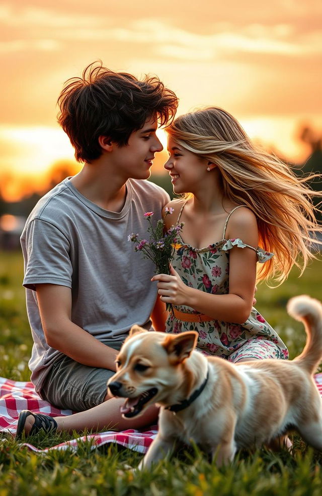 A romantic scene depicting young love between two teenagers in a vibrant park during sunset