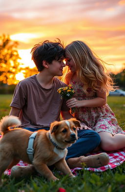 A romantic scene depicting young love between two teenagers in a vibrant park during sunset