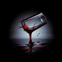 A cinematic movie cover featuring a overturned wine glass with red wine spilling out, creating dynamic splatters and stains resembling blood