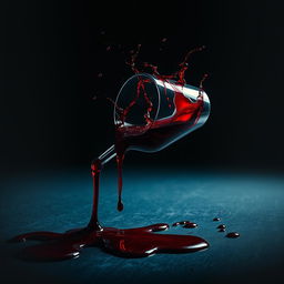 A cinematic movie cover featuring a overturned wine glass with red wine spilling out, creating dynamic splatters and stains resembling blood