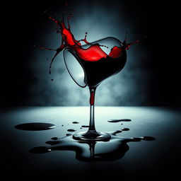 A cinematic movie cover featuring a overturned wine glass with red wine spilling out, creating dynamic splatters and stains resembling blood