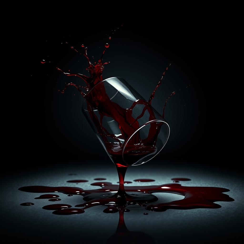 A cinematic movie cover featuring a overturned wine glass with red wine spilling out, creating dynamic splatters and stains resembling blood