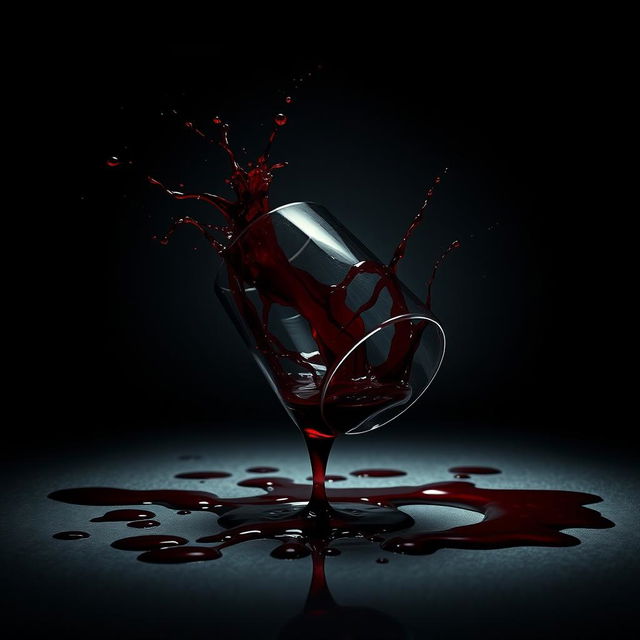 A cinematic movie cover featuring a overturned wine glass with red wine spilling out, creating dynamic splatters and stains resembling blood