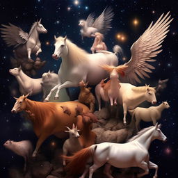 A myriad of farm animal Pegasus: cows, pigs, horses, chickens, and sheep, all with fantastical wings flying harmoniously across the celestial starscape.