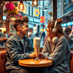 A picturesque scene representing teenage love in a cozy café