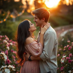 An intimate portrait of a loving couple in a serene garden