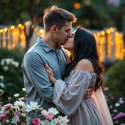 An intimate portrait of a loving couple in a serene garden