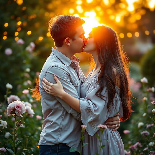 An intimate portrait of a loving couple in a serene garden