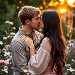 An intimate portrait of a loving couple in a serene garden