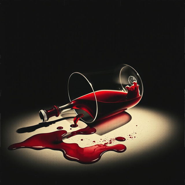 Film poster featuring an overturned wine glass with red wine spilling out and some blood stains on the surface, vertical format, set against a dark background