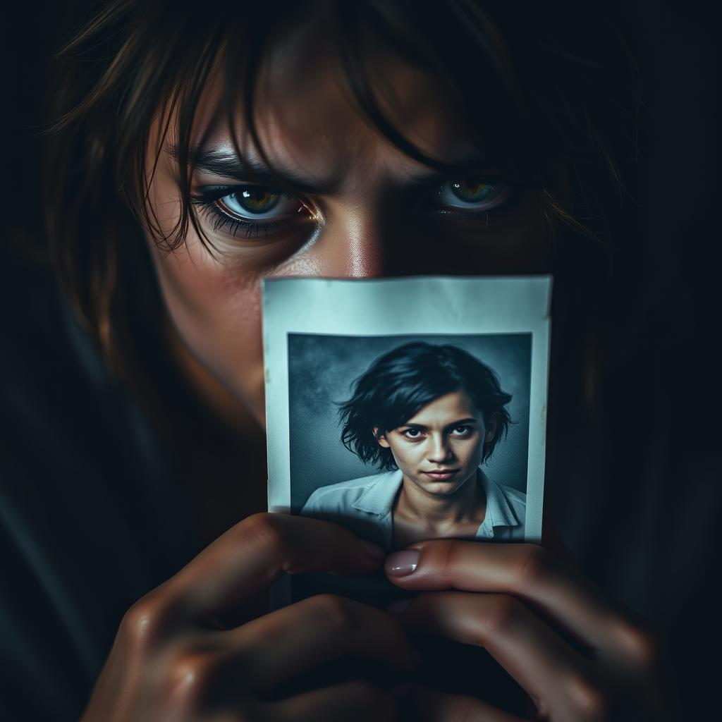 An intense, dramatic portrayal of obsession depicted through a close-up of a person gazing longingly at a photograph of another person