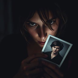 An intense, dramatic portrayal of obsession depicted through a close-up of a person gazing longingly at a photograph of another person