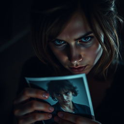 An intense, dramatic portrayal of obsession depicted through a close-up of a person gazing longingly at a photograph of another person