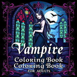 A beautifully illustrated vampire-themed coloring book cover designed for adults, featuring a striking image of an elegant vampire woman with long flowing hair and dark, dramatic clothing