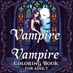 A beautifully illustrated vampire-themed coloring book cover designed for adults, featuring a striking image of an elegant vampire woman with long flowing hair and dark, dramatic clothing