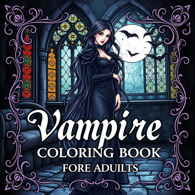 A beautifully illustrated vampire-themed coloring book cover designed for adults, featuring a striking image of an elegant vampire woman with long flowing hair and dark, dramatic clothing