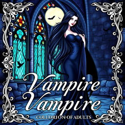 A beautifully illustrated vampire-themed coloring book cover designed for adults, featuring a striking image of an elegant vampire woman with long flowing hair and dark, dramatic clothing