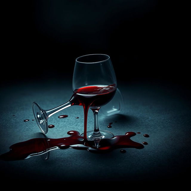 A cinematic movie poster featuring a wine glass overturned on the ground, with red wine spilling out and creating a pool