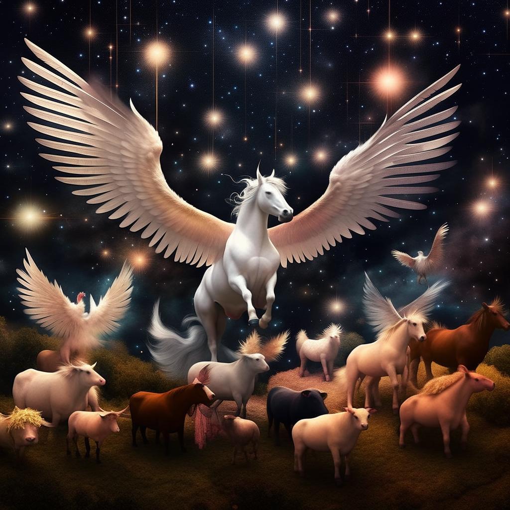 A myriad of farm animal Pegasus: cows, pigs, horses, chickens, and sheep, all with fantastical wings flying harmoniously across the celestial starscape.