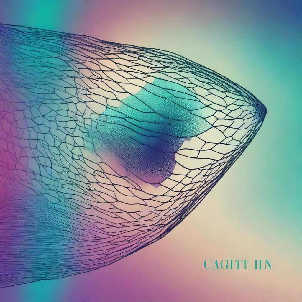 A digital artwork featuring a color gradient from deep blue to turquoise, with a detailed fish net design