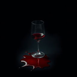 A cinematic movie poster featuring a spilled wine glass with red wine splattered and some blood stains on a dark background