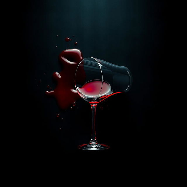 A cinematic movie poster featuring a spilled wine glass with red wine splattered and some blood stains on a dark background