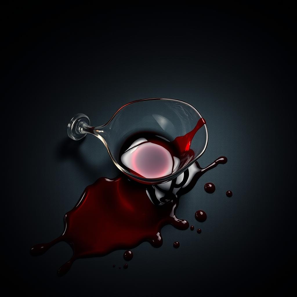 A cinematic movie poster featuring a spilled wine glass with red wine splattered and some blood stains on a dark background