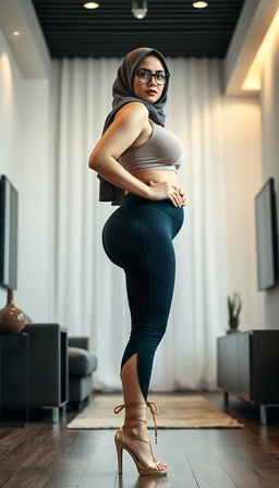 A compelling image of a 40-year-old modern Arab woman, characterized as a yoga trainer