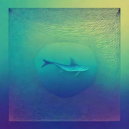 A digital artwork featuring a color gradient from deep blue to turquoise, with a detailed fish net design