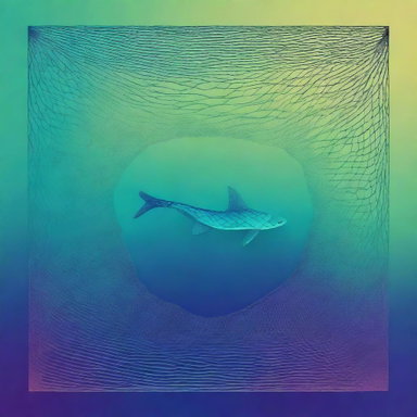 A digital artwork featuring a color gradient from deep blue to turquoise, with a detailed fish net design