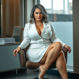 A sexy, beautiful, curvy, cute, and voluptuous 19-year-old girl with medium black and silver hair, very light blue eyes, resembling a young Sharon Stone, seated elegantly on a chair in a stylish office setting