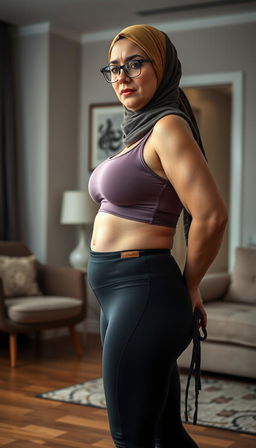A poignant image of a 40-year-old modern Arab woman, portrayed as a yoga trainer