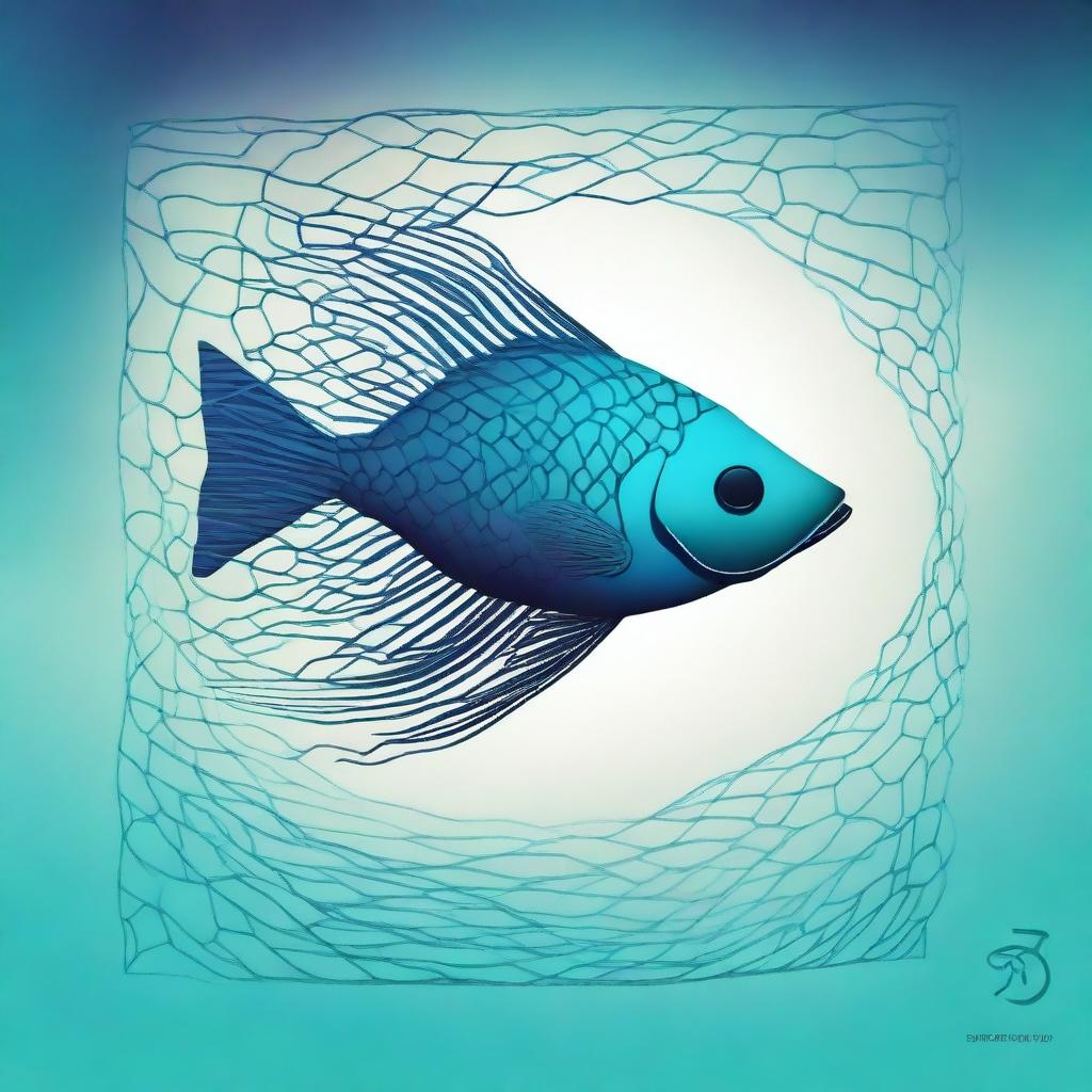 A high-quality digital art piece featuring a gradient from deep blue to turquoise, with a detailed fish net design