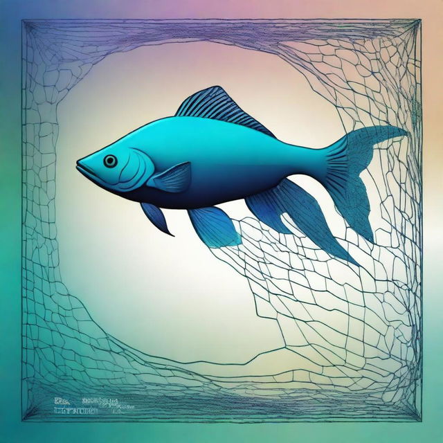 A high-quality digital art piece featuring a gradient from deep blue to turquoise, with a detailed fish net design