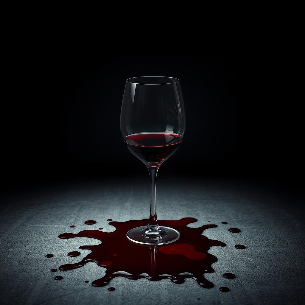 A dramatic movie poster featuring a spilled wine glass with wine splattered around it, along with some dark red blood stains on a textured surface