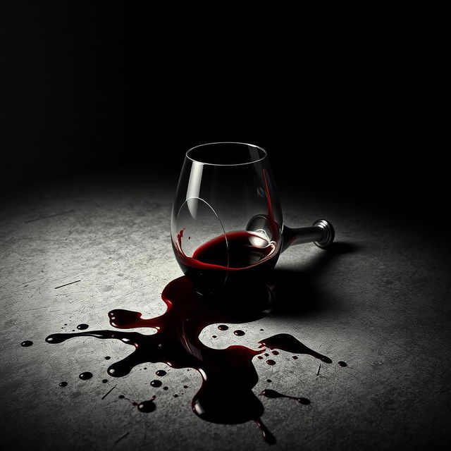 A dramatic movie poster featuring a spilled wine glass with wine splattered around it, along with some dark red blood stains on a textured surface