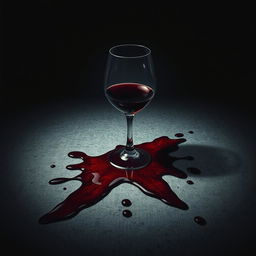 A dramatic movie poster featuring a spilled wine glass with wine splattered around it, along with some dark red blood stains on a textured surface