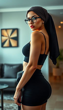 A striking image of a 40-year-old modern Arab woman, characterized as a fashion-forward individual