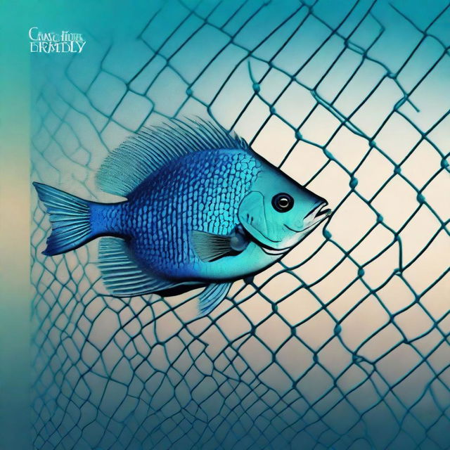 A high-quality digital image featuring a gradient from deep blue to turquoise, with a detailed fish net design