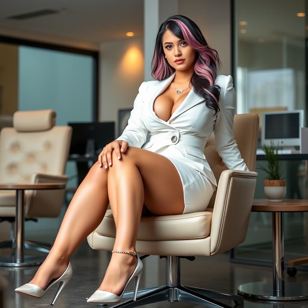 A sexy, beautiful, curvy, cute, and voluptuous 19-year-old girl with medium black and pink hair and very light blue eyes, resembling Jaclyn Smith, sitting elegantly on a chair in a chic office setting