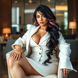 A sexy, beautiful, curvy, cute, and voluptuous 19-year-old girl with medium black and pink hair and very light blue eyes, resembling Jaclyn Smith, sitting elegantly on a chair in a chic office setting