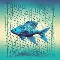 A high-quality digital image featuring a gradient from deep blue to turquoise, with a detailed fish net design